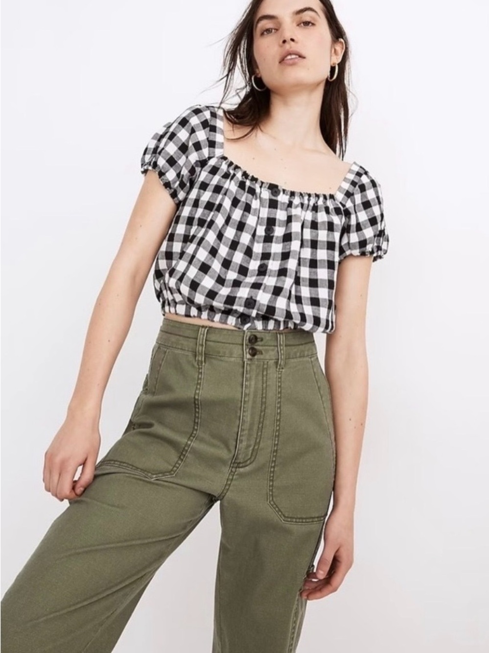 Madewell Black & White Gingham Square-Neck Crop Top